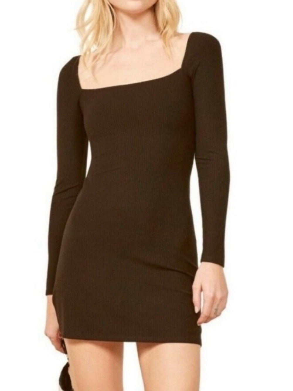 Reformation Black Square-Neck Ribbed Long-Sleeve Mini Dress